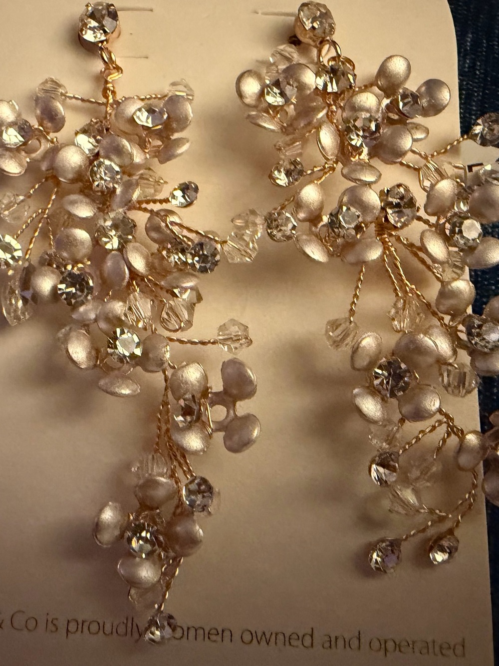 Gold Floral Crystal Drop Earrings in Ivory